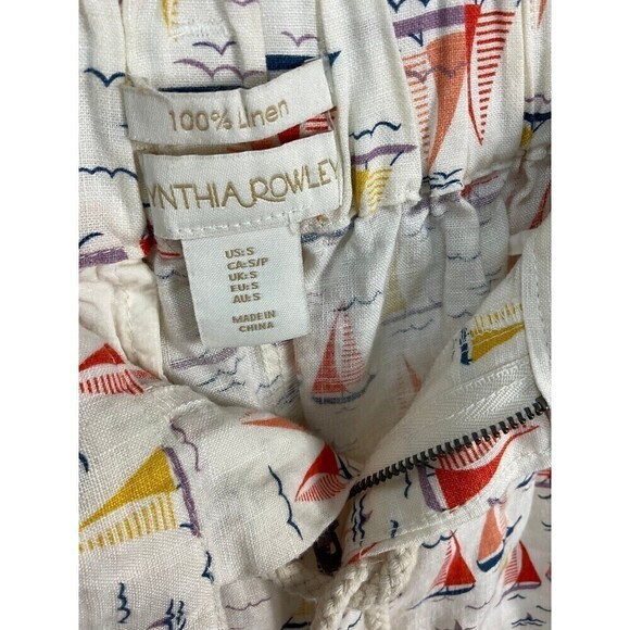 Cynthia Rowley Women Short Linen Ecru Sailboat Print High Rise Size S T2 - Picture 8 of 9
